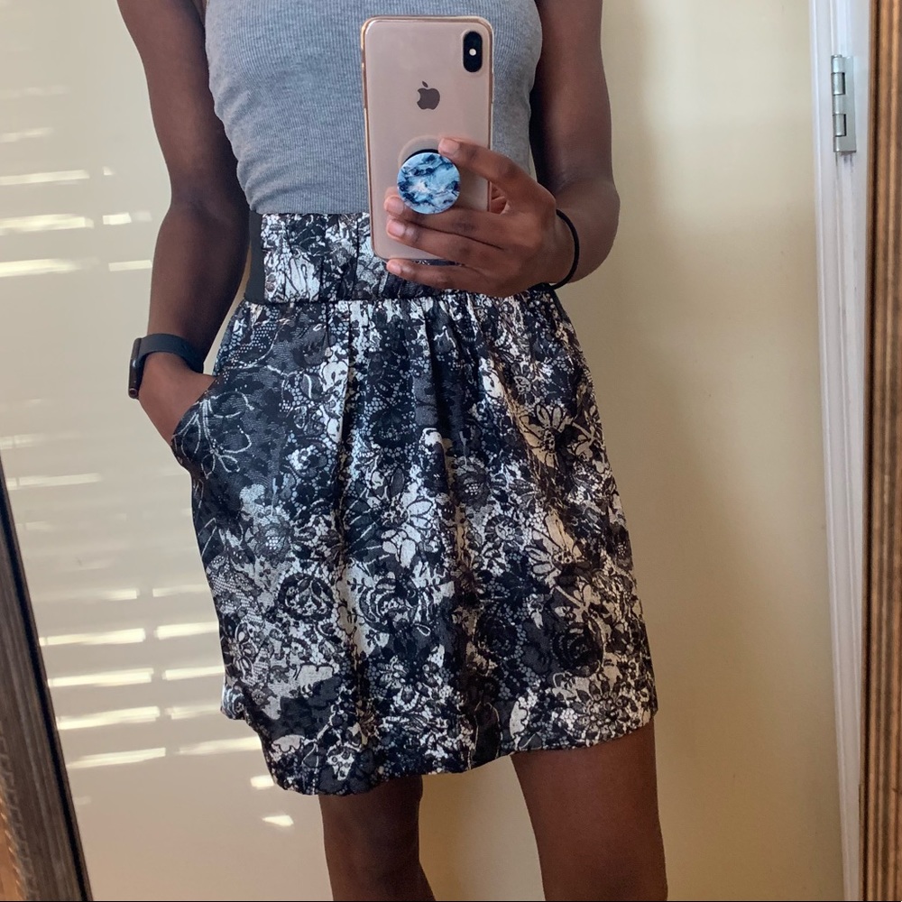 Floral Black, White, and Silver Pocketed Skirt